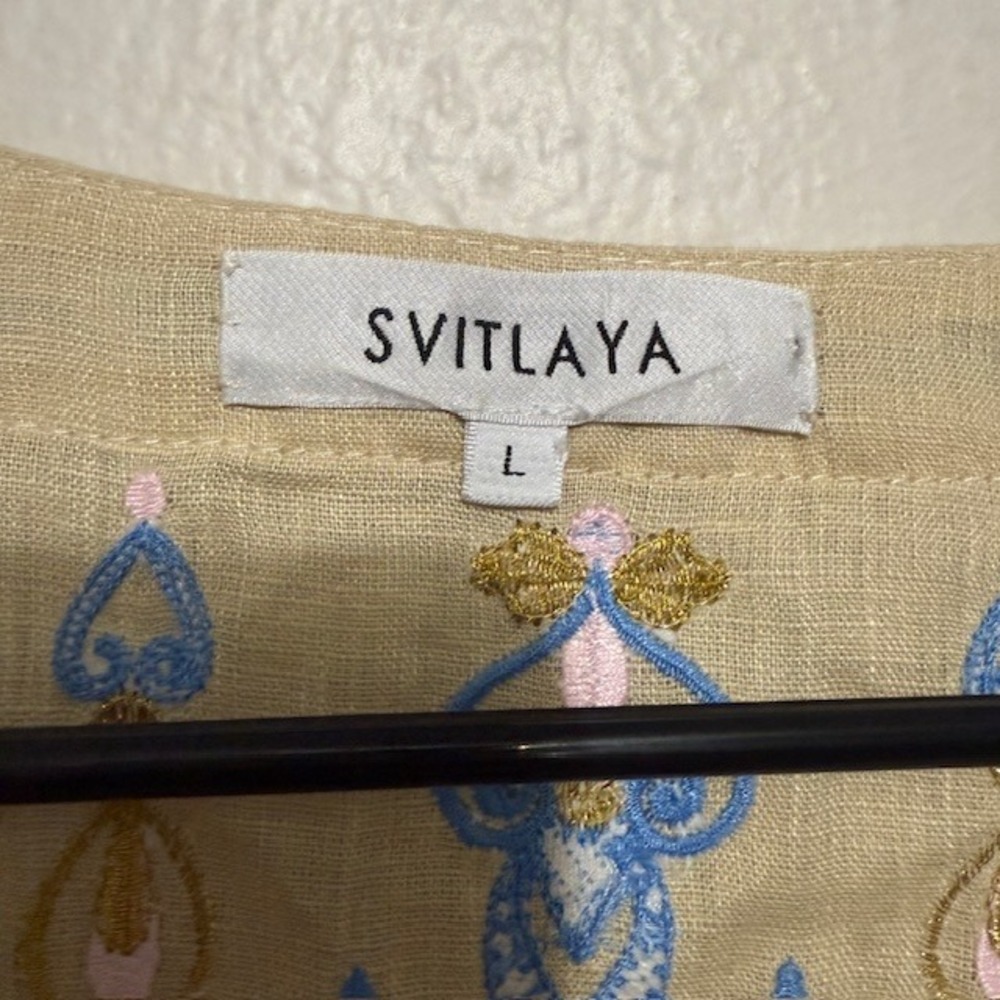 Svitlaya Embroidered Linen Tunic Dress Tan Blue Tassel Bell Sleeve L - Picture 10 of 11